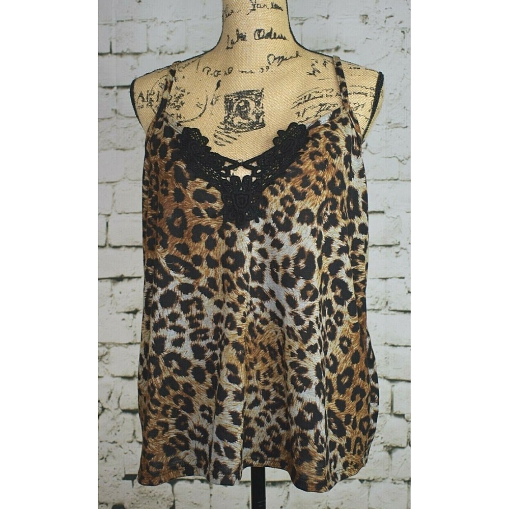 New Women's Vocal Leopard Spaghetti Strap Brown Black Lace Tank Top XL